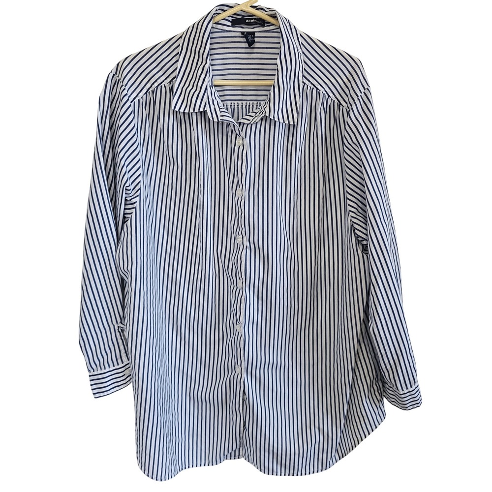 Denim 24/7 Womens 1X Navy White Striped Button Down Long Sleeve Shirt 30-3194-5